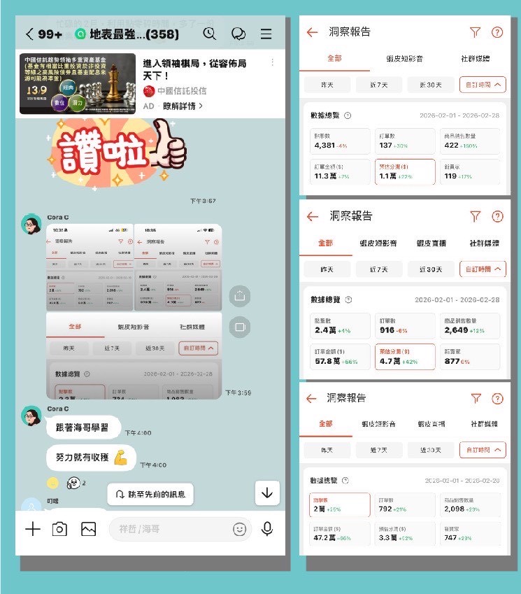 蝦皮分潤學員成功案例，包含後台洞察報告與學員回饋